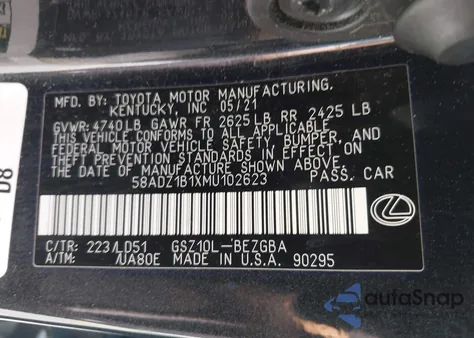 2021 Lexus Es 350 from USA, damaged, VIN 58ADZ1B1XMU102623
